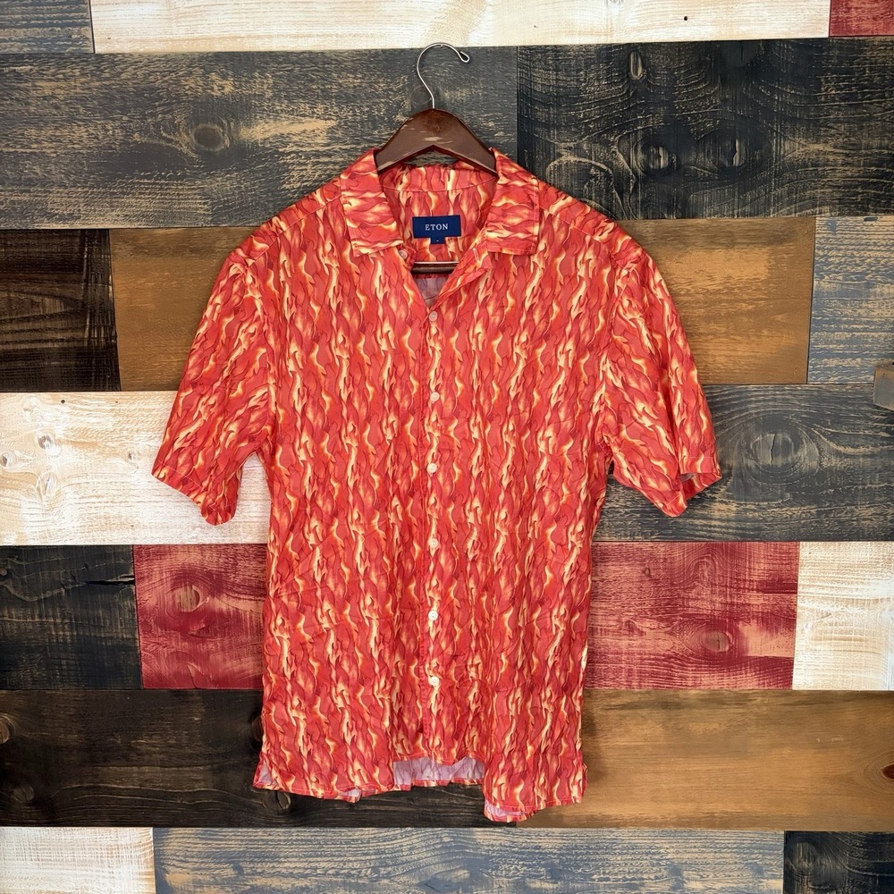 Eton Men’s Shirt Hawaiian Flame Shirt Button Up Short Sleeve Red Medium
